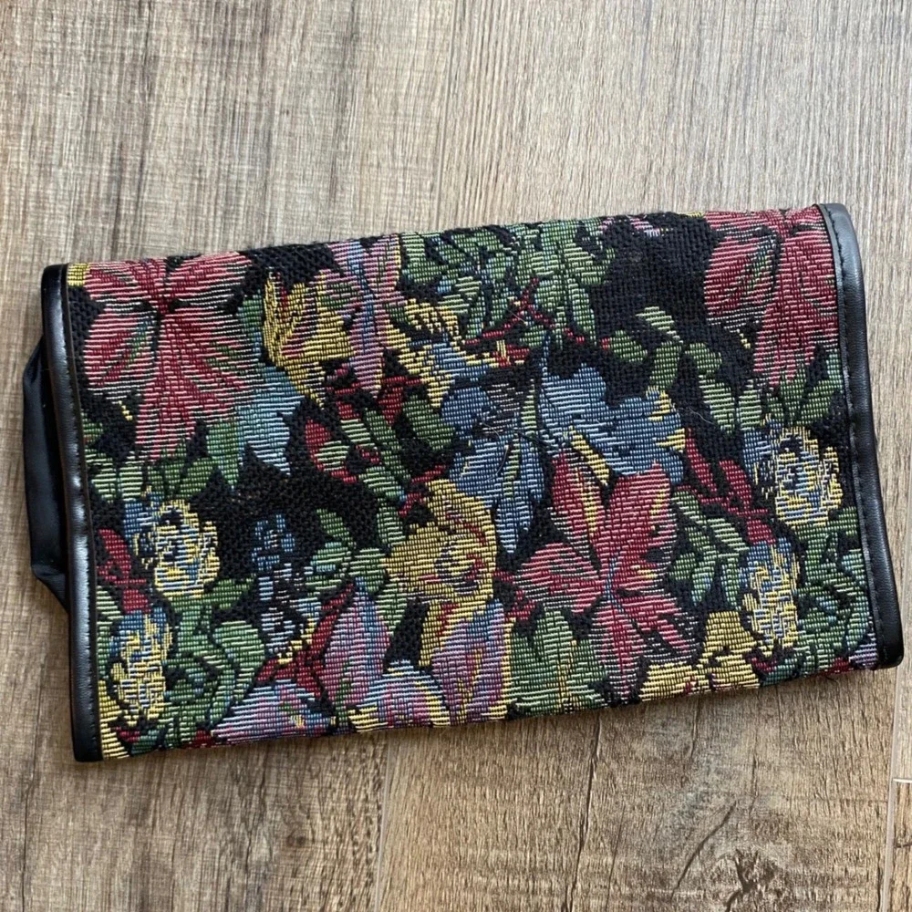 Vintage Floral Tapestry Travel Organizer Tri-Fold Cosmetic Jewelry Roll Bag